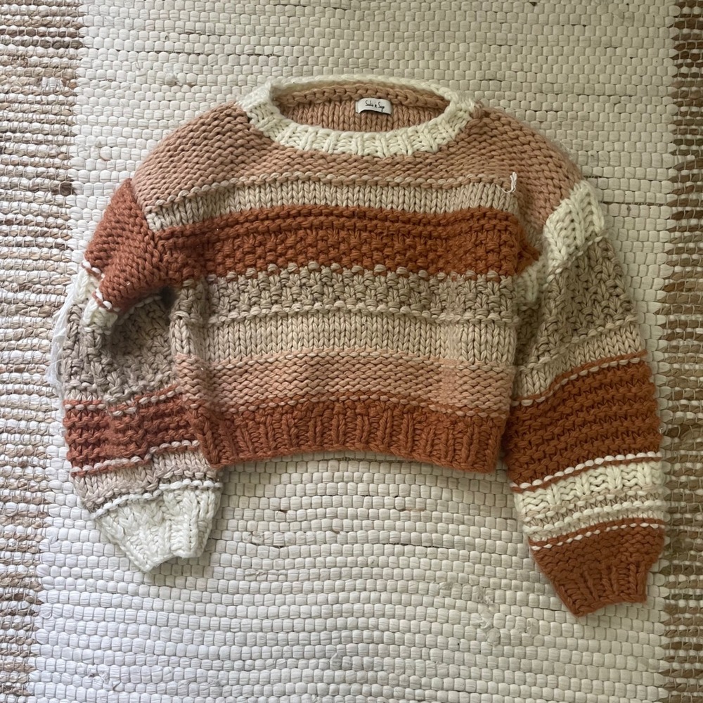 Sadie & Sage Womens Chunky Knit Striped Cropped Sweater Earth Tones Medium
